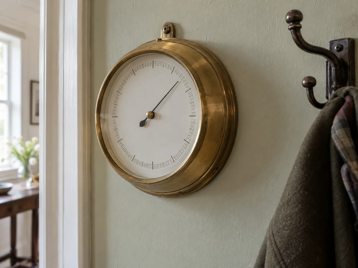 A brass aneroid barometer with a white dial hanging on a hallway wall in soft morning light