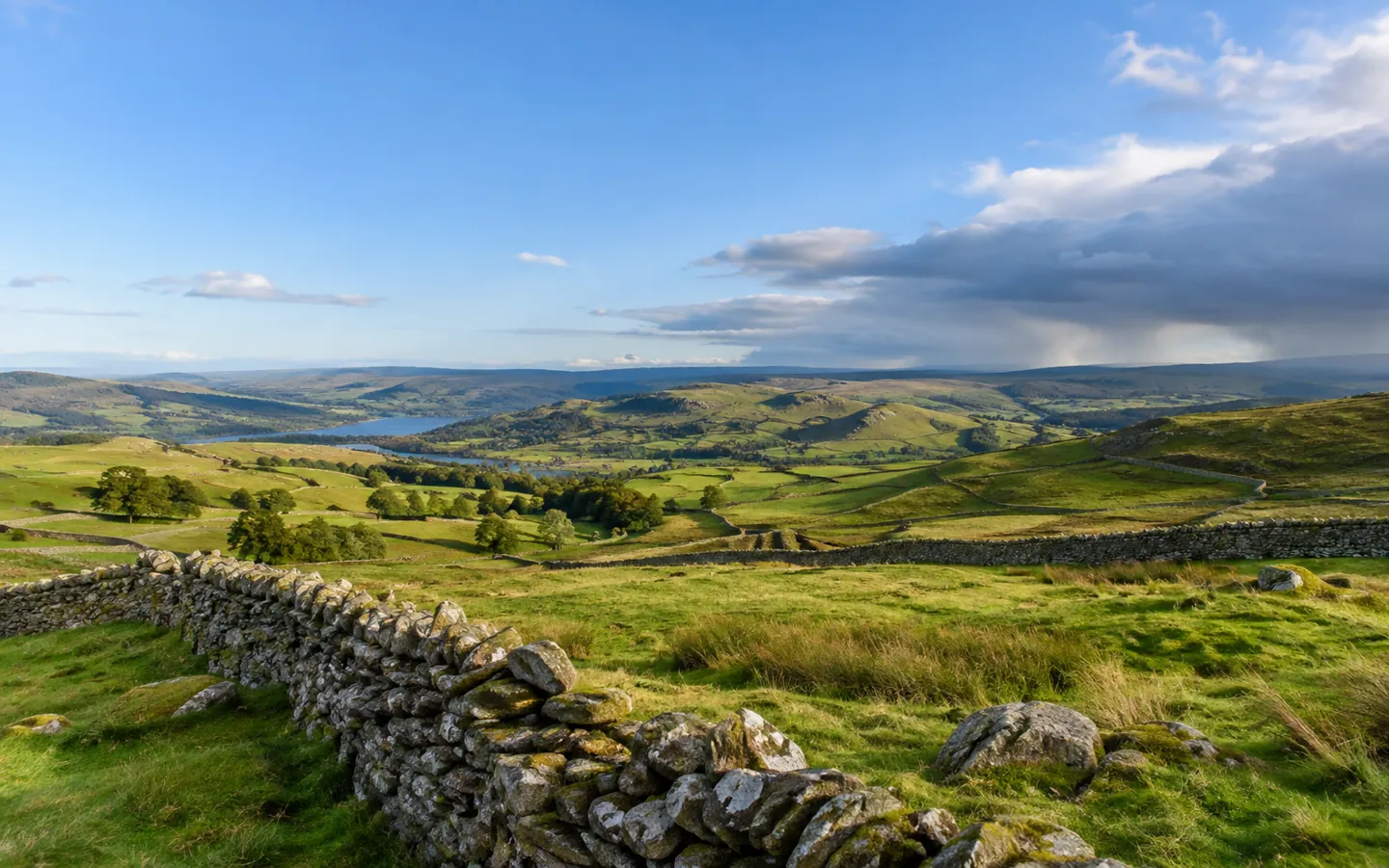 A wide view of rolling green hills under a clear blue sky, with a band of grey rain cloud gathering far off on the horizon